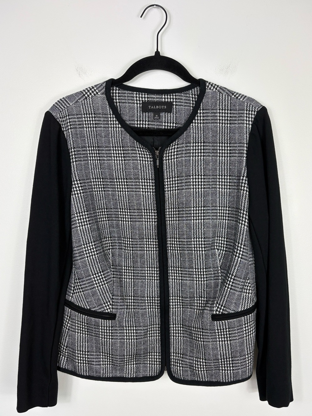 Talbots Plaid Houndstooth Jacket Blazer Women’s Size 12 Black Grey Cotton Blend